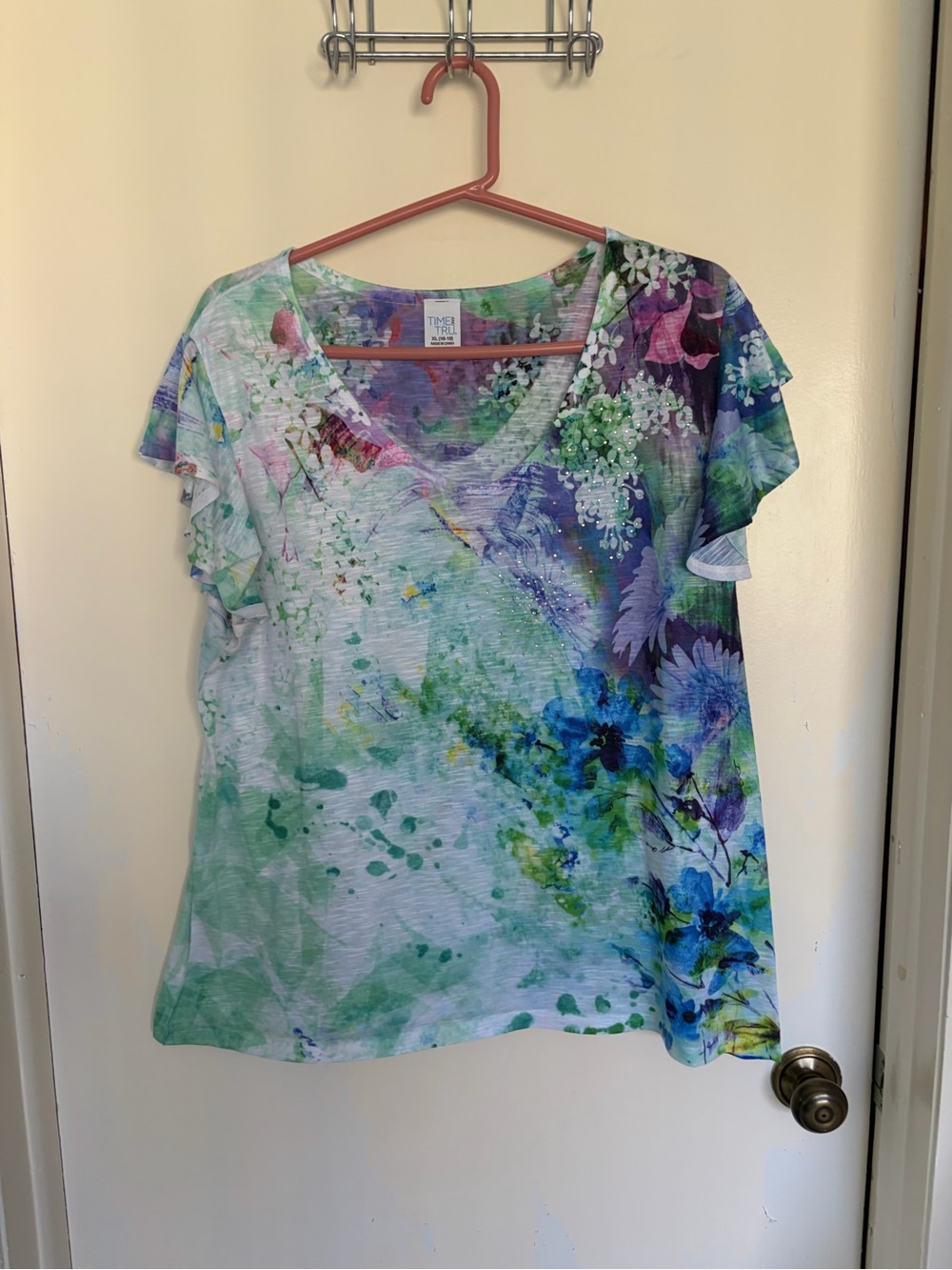 Time and Tru Multi-Color Watercolor Floral Short Sleeve Top